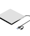 Plug And Play External CD DVD Drive For Mac And Laptop With USB Three Point Zero And USB C No Driver Required Slim White Optical Drive For PC And MacBook Ready Out Of The Box, white slim case