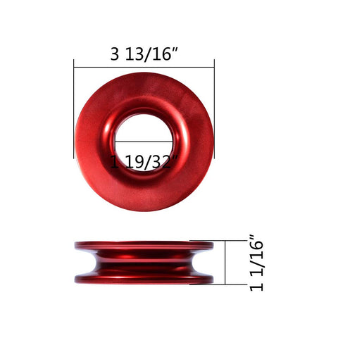 Red recovery ring with dimensions, part of Heavy Duty Synthetic Soft Shackles With Black Red Protective Sleeve Four Pack Plus Two Recovery Rings