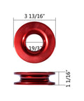Red recovery ring with dimensions for set of 4 blue synthetic soft shackle ropes with protective sleeve rated 38,000 lbs and 2 rings rated 41,000 lbs