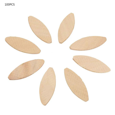 100 Piece Solid Wood Joining Biscuits Set For Woodworking Projects, arranged in a circular pattern, made of durable beech wood.