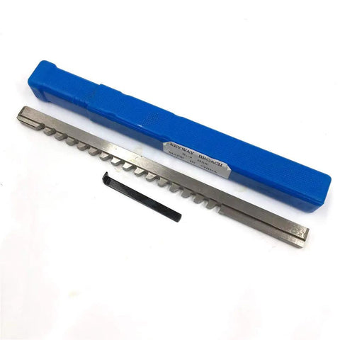 4mm Keyway Broach Set With Shim for Lathe Work, B Push Type HSS Tooling, in blue case with shim visible