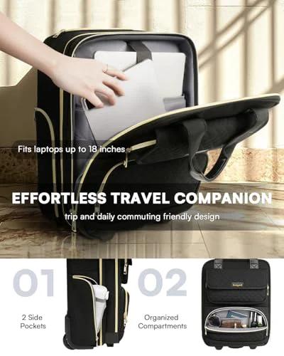Amazon Arcoyard underseat carry-on luggage with wheels, black 16-inch rolling laptop bag; front view with laptop