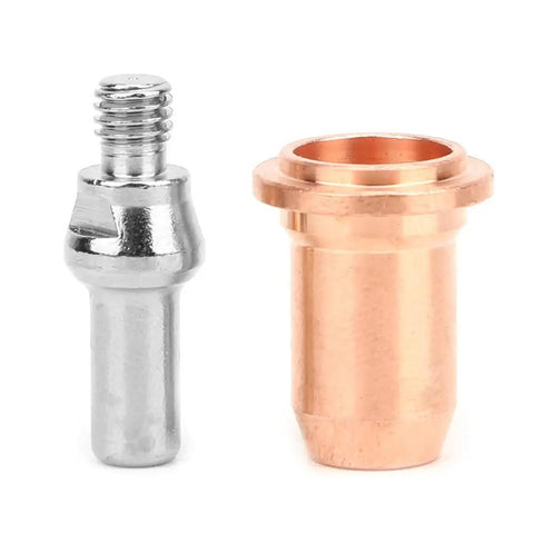 Pro Plasma Torch Consumables Kit Featuring 10 Red Copper Electrodes And 10 Tip Nozzles, showcasing silver steel and red copper parts.