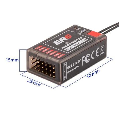 ExpressLRS 2.4GHz 6 Channel PWM Receiver for FPV Drones, Airplanes and Gliders, showing dimensions and connectors