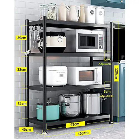 Badass Heavy Duty Carbon Steel 4 Tier Adjustable Storage Shelf Free Standing Metal Shelving Rack with kitchen appliances.