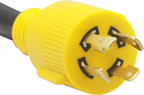 Close-up of 30 Amp RV Power Adapter Cord With 4 Prong Locking Plug NEMA L14 30P To TT 30R RV Extension For Generator To Camper