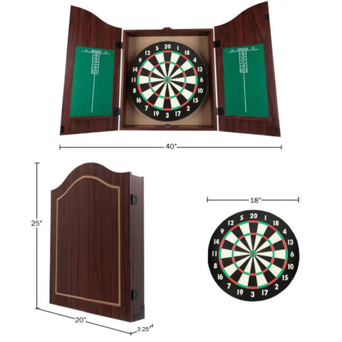 Official Sized Dart Board Cabinet Set With 18 Inch Dart Board, 6 Steel Tip Darts, And Chalkboard Scoring for game rooms