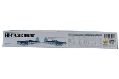 Box side view of F4U-1 Pacific Theater 1:72 Plastic Model Airplane Kit With Detailed Parts, 6 Inch Wingspan, Includes 3 Decal Sheets.