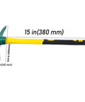 Heavy Duty Garden Pick Mattock Hoe with Forged Head and 15 Inch Shock Absorbing Rubber Handle displayed with dimensions