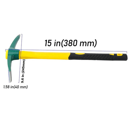 Heavy Duty Garden Pick Mattock Hoe with Forged Head and 15 Inch Shock Absorbing Rubber Handle displayed with dimensions