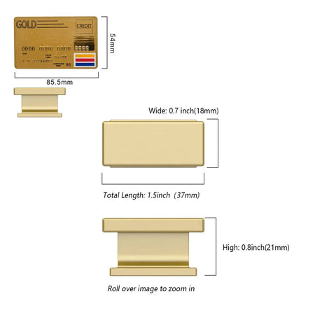 10 Pack Brushed Gold Cabinet Knobs Set dimensions with 1.46-Inch Rectangle Single Hole Drawer Pulls for Cabinets displayed.