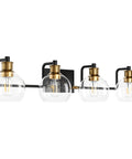 Upgrade Your Bathroom Vanity With Industrial Four Light Fixture In Vintage Black And Brass Finish With Clear Glass Globes