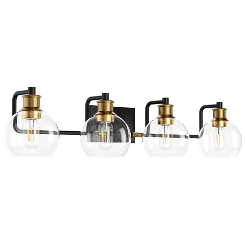 Upgrade Your Bathroom Vanity With Industrial Four Light Fixture In Vintage Black And Brass Finish With Clear Glass Globes