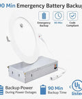 Six Inch LED Dimmable Downlight With 90 Minute Emergency Battery Backup And Ultra Slim Recessed Can Light Five Tunable Hue Selections Plus Zero Fuss Damp Rated Energy Star Mounting In A Ten Pack Must Have Upgrade battery backup system.