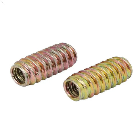 Heavy Duty Bronze E Nut Inserts For Fine Woodworking Rock Solid Furniture Hardware Top Grade Carbon Steel Bolts Pack Of One Hundred - close-up of two bronze inserts