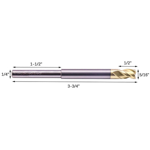 End mill side view: solid carbide, ZRN-coated, 3-flute, 5/16" dia, 1/4" reduced shank, 1/2" DOC, 3-3/4" OAL
