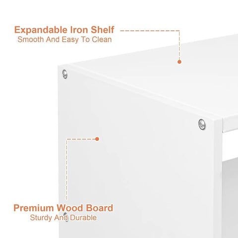 Close-up of Expandable 3 Tier White Shoe Rack Organizer with iron shelf and wood board, ideal for closet and hallway use.