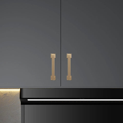 Gold kitchen cabinet with 10 Pack 5 Inch 128mm Champagne Bronze Cabinet Handles Gold Kitchen Cabinet Pulls Solid Zinc Alloy Durable Drawer Pulls installed.