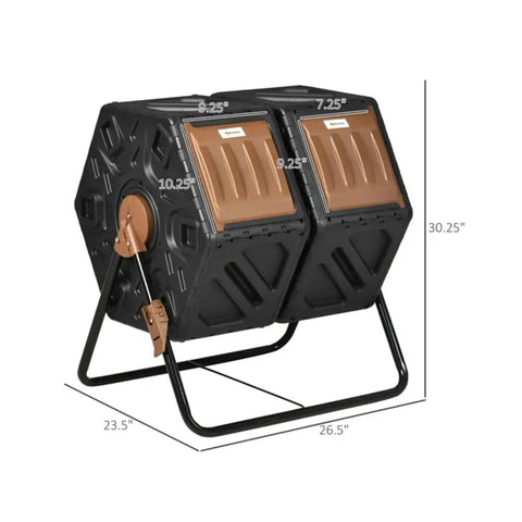 Front view of Dual Chamber Compost Tumbler For Backyard And Garden 360 Degree Rotating Design With 24 Aeration Vents 34.5 Gallon High Capacity Outdoor Bin
