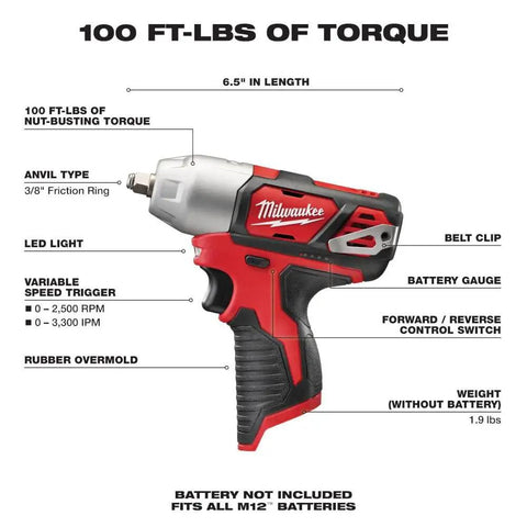 Rugged 3/8 Inch Cordless Impact Wrench Boasting Beefy 1200 Inch Pounds Of Torque And Fast Friction Ring Anvil For One Hand Swaps features LED light and battery gauge.