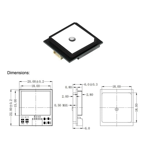 BE-220 FPV GPS Module With Dual Protocol M10 GNSS and rock-solid ceramic antenna in diagram and dimensions schematic view.