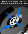 Stainless steel tablet holding grinding wheel for Rock Solid Electric Angle Grinder Tearing Through Metal And Wood With Knockout Torque.