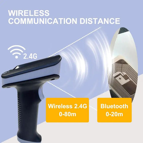 UHF RFID Handheld Scanner With Bluetooth And USB showing wireless communication distance