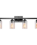 Front view of 4 Light Black Vanity Wall Sconce With Clear Glass Shades, Vintage Industrial Style Over Mirror Light for multiple rooms.