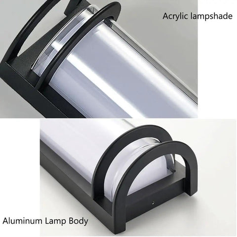 Close-up of ROPCVAX Led Wall Sconce Lighting Fixture Lamp Modern Minimalist Aluminum Black with acrylic lampshade and aluminum body.