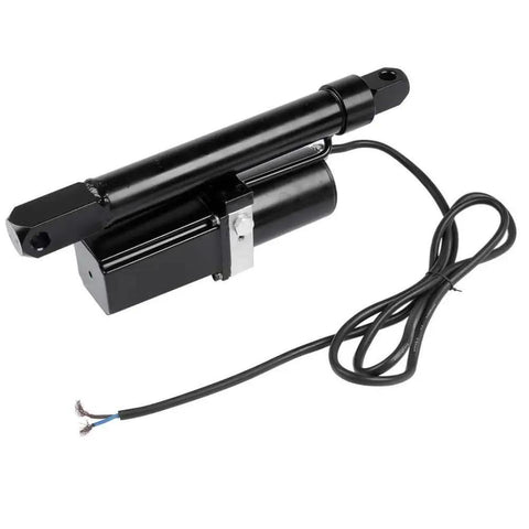 Heavy Duty 12VDC Hydraulic Linear Actuator Rock Solid 8 Inch Stroke 1700 Lb Capacity showing black metal body and wires.
