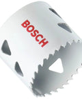 Bosch HBT225 2-1/4 in bi-metal T-slot hole saw, close-up view of white body with red Bosch logo and serrated edge