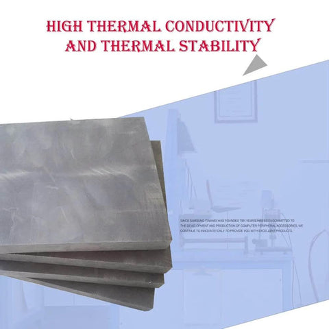 Five Pack High Density Graphite Plates For Laboratory Conductive Carbon Sheets And High Temperature Resistant Electrodes Anode Electrolytic Blocks Size 100 By 4 Millimeters displayed on a blue background showing thermal conductive and stability text.