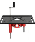 Beefed Up Aluminum Router Lift Kit With Bulletproof Precision Dynamic Insert Plate compatible with standard table saws, red and black design.