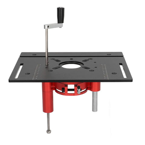 Heavy Duty Router Table Insert Plate With Manual Crank Lift Kit Dead Nuts Secure Clamping Base For Easy Power Tool Woodworking Trimming And Workbench Upgrades Black, top view with crank handle and red base.