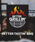 Better Grillin' logo with flames on a background of a barbecue grill and coals.