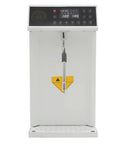 Pro Rig Commercial Steam Milk Frother Electric Cafe Milk Steamer Featuring Precision Temp Dial And Crisp Led Interface Zero Stress Foam Pull Reliable Main Street Setup White front view with digital controls and steam wand.