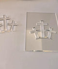 Top Shelf Acrylic Router Template Set Featuring Hella Precise Woodworking Stencils For Holy Week Do It Yourself Crafts Knockout Bunny Cross Egg Church Patterns Reusable Solid Guide Collection, clear cross templates on display.
