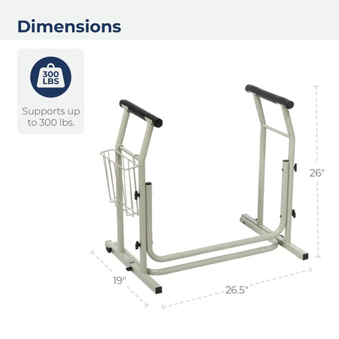 Toilet Safety Frame With Freestanding Grab Bar For Bathroom, Sturdy Aluminum Rail, Dimensions Labeled, Supports Up To 300 Pounds