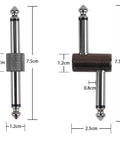 Guitar Pedal Patch Connectors One Quarter Inch Male To Male Four Pack With Two Straight And Two Z Type Angled Adapters showing dimensions.
