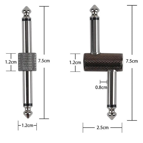 Guitar Pedal Patch Connectors One Quarter Inch Male To Male Four Pack With Two Straight And Two Z Type Angled Adapters showing dimensions.