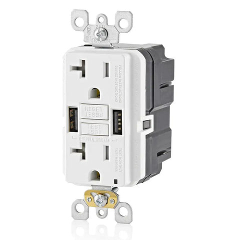 SmartlockPro GFCI USB In-Wall Charger Outlet With 20A Power Type A USB Ports High-Power Charging For Smartphones And Tablets Automatic Self-Test Ground Fault Protection White