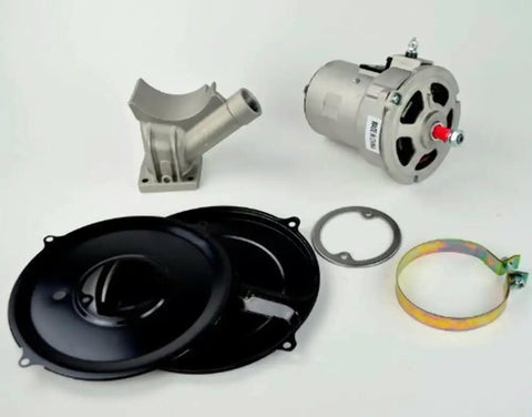 Bolt On Alternator Conversion Kit 55 Amp For Type 1 VW Beetle And Dune Buggy 12 Volt Generator Upgrade Raw Finish components layout.