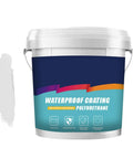 Polyurethane waterproof coating in a large bucket with label showing crack repair and durability features, side view