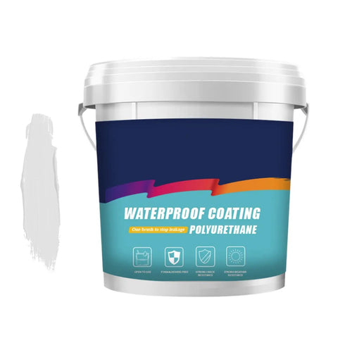 Polyurethane waterproof coating in a large bucket with label showing crack repair and durability features, side view