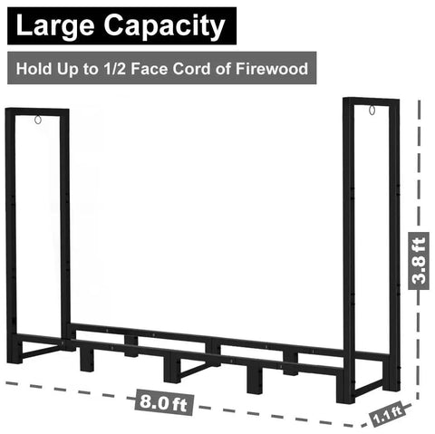 8Ft Outdoor Firewood Rack Holder For Wood Storage And Fireplace Use With 10 stable support legs, supports up to half cord