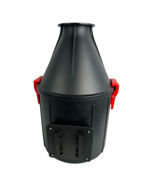 Wall Mounted Dust Collector With Turbo Suction And Dual Filter System, black with red clamps, designed for woodworking cleanup.