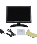 10 Inch IPS LCD Monitor With 1280x800 Resolution for PC TV security display setup with stand, power adapter, and cables