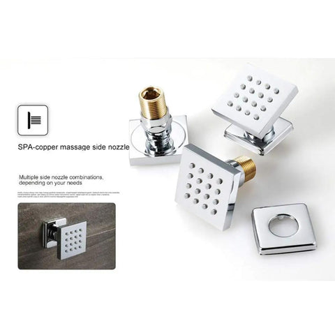 Badass Wall Mounted LED Shower System With Copper Faucet And 43Cm Canopy Featuring Six Mode Spray Settings Rust Proof Silver Finish Smooth Thermostatic Valve Game Changer Build, showcasing copper massage side nozzles.