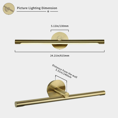 Brass Picture Light For Paintings 24.21 Inch Slim Gallery Bar LED Artwork Lighting 14W (70W Eq), dimensions shown