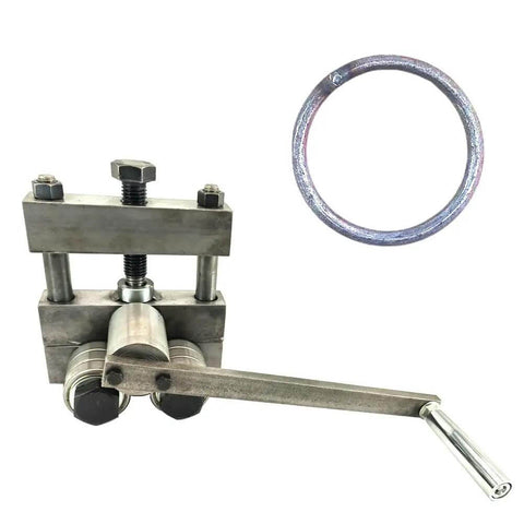 Manual Ring Roll Bender For Sheet Metal Bead Rolling And Plate Steel Forming, showing metal body with handle and rolled ring.